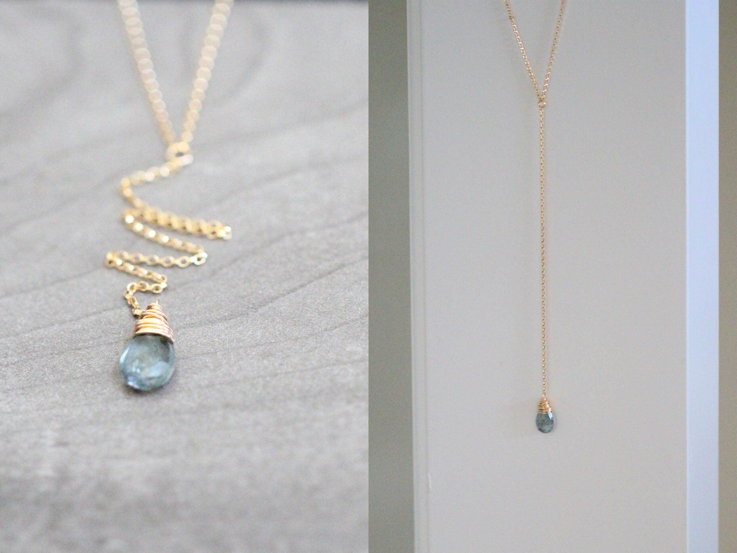 Gold Moss Aquamarine Lariat Necklace, Size 17 in.
