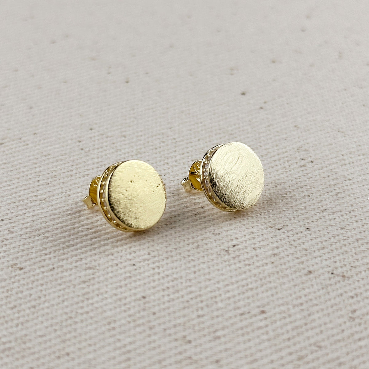 Gold Brushed Button Stud Earrings with CZ Detail
