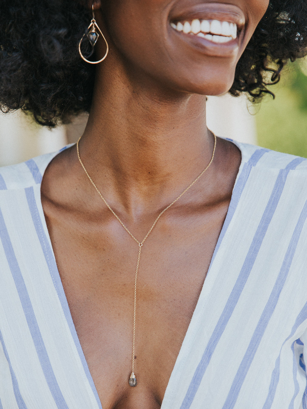 Gold Moss Aquamarine Lariat Necklace, Size 17 in.