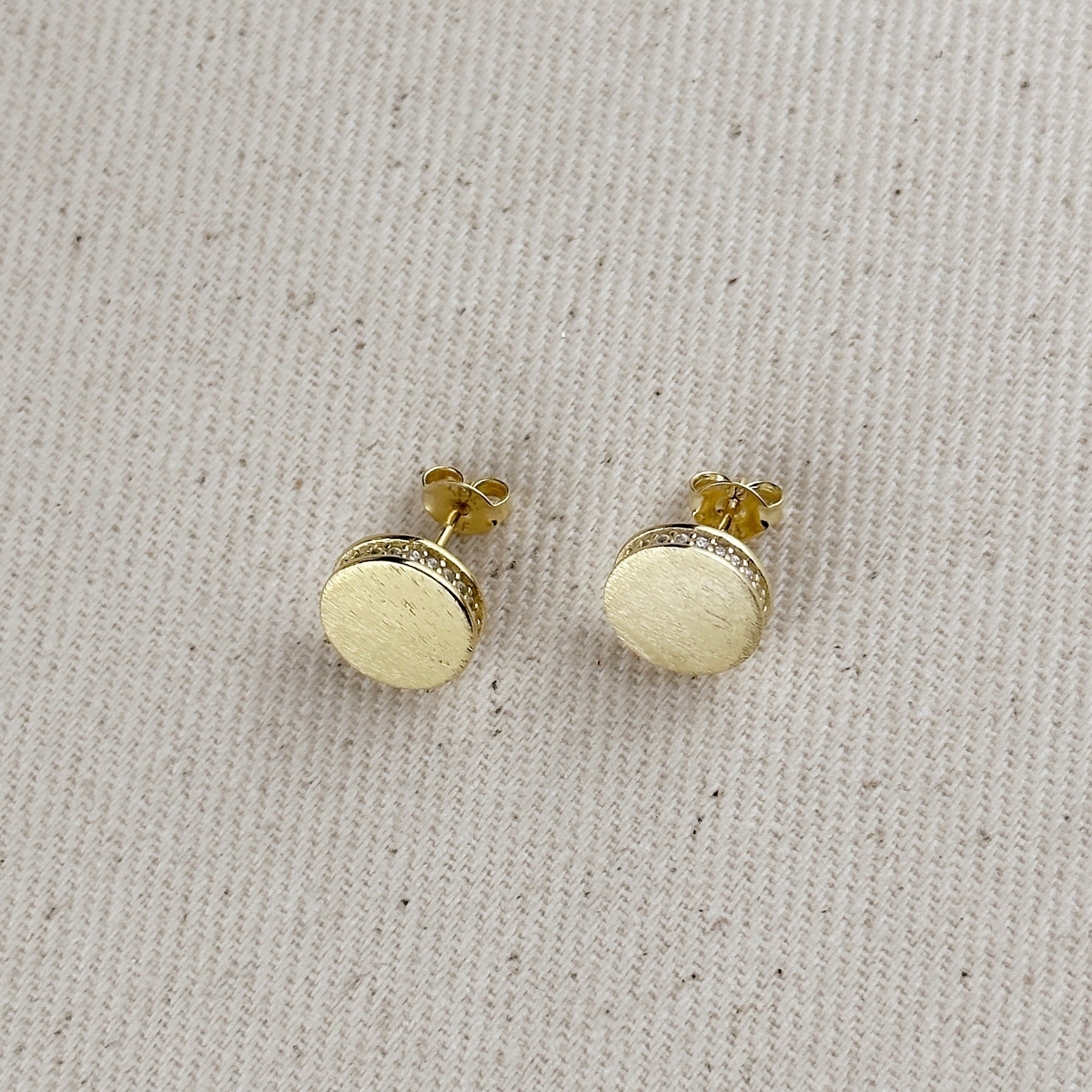 Gold Brushed Button Stud Earrings with CZ Detail