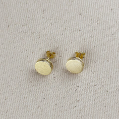 Gold Brushed Button Stud Earrings with CZ Detail