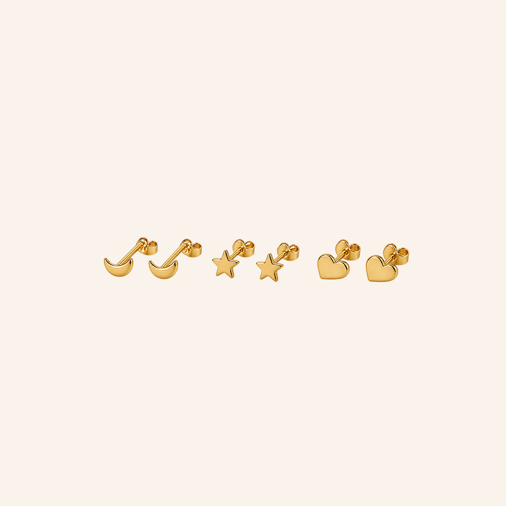Grace Gold Dainty Earrings Trio Set of Star, Moon and Heart Studs