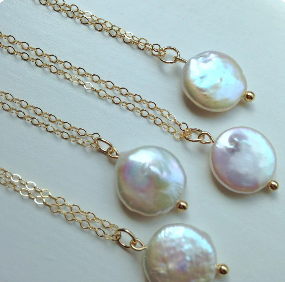 White Freshwater Coin Pearl Necklace Gold Pearl Jewelry - 14k Gold Filled Chain - 12mm 18in.