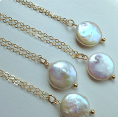 White Freshwater Coin Pearl Necklace Gold Pearl Jewelry - 14k Gold Filled Chain - 12mm 18in.