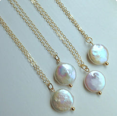 White Freshwater Coin Pearl Necklace Gold Pearl Jewelry - 14k Gold Filled Chain - 12mm 18in.