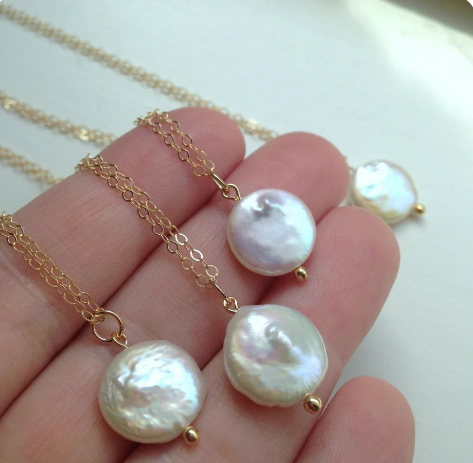 White Freshwater Coin Pearl Necklace Gold Pearl Jewelry - 14k Gold Filled Chain - 12mm 18in.
