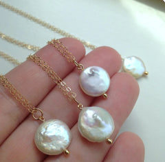 White Freshwater Coin Pearl Necklace Gold Pearl Jewelry - 14k Gold Filled Chain - 12mm 18in.