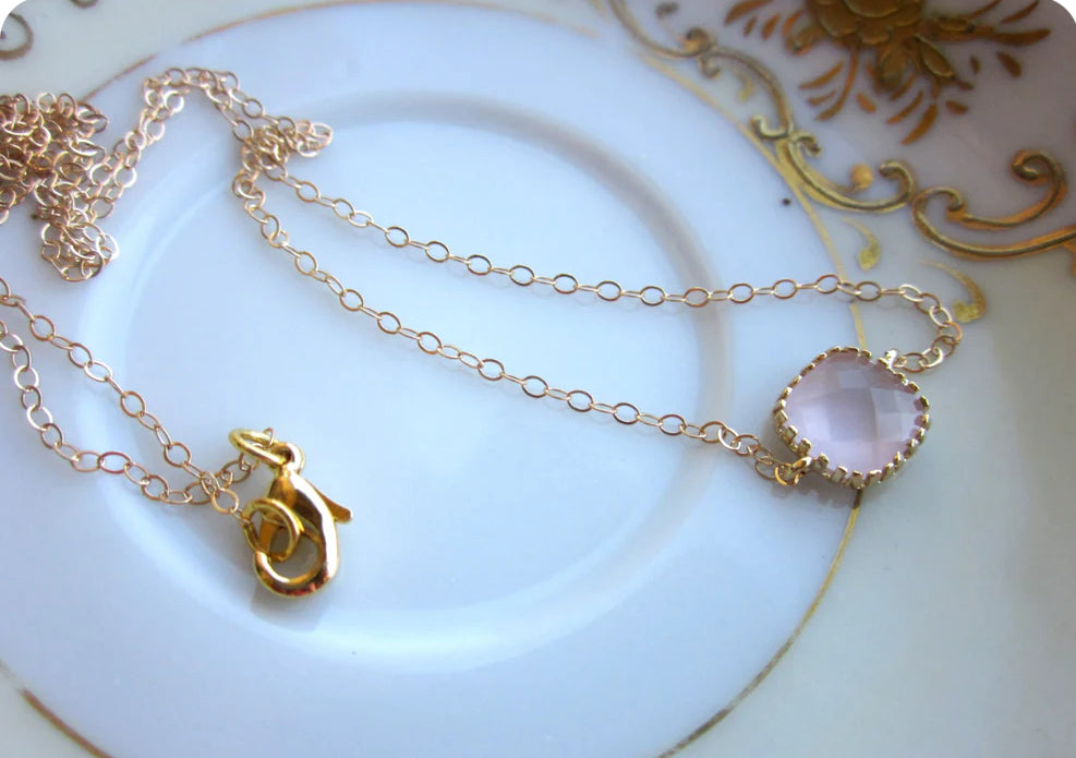 Dainty Opal Pink Necklace Gold Filled Chain