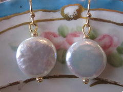 Gold White Freshwater Coin Pearl Earrings