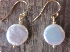 Gold White Freshwater Coin Pearl Earrings
