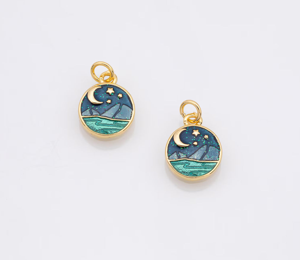 Ocean night sky scene with stars moon Enamel Charm 18k Gold Filled