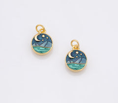 Ocean night sky scene with stars moon Enamel Charm 18k Gold Filled