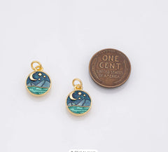 Ocean night sky scene with stars moon Enamel Charm 18k Gold Filled