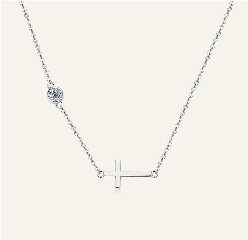 The “GG”, Moissanite Horizontal Cross Necklace in 925 Sterling Silver and Gold Filled