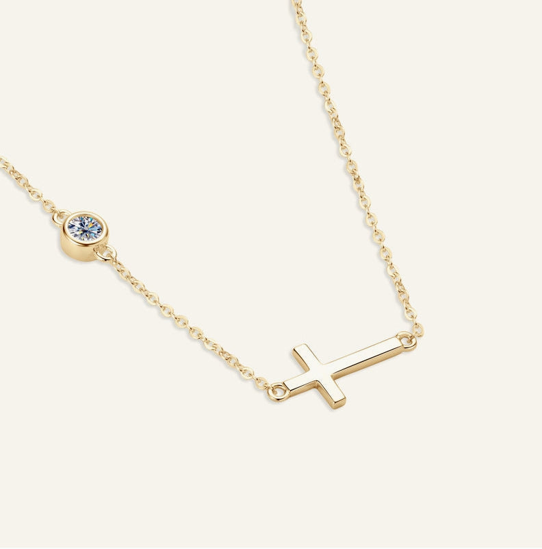 The “GG”, Moissanite Horizontal Cross Necklace in 925 Sterling Silver and Gold Filled