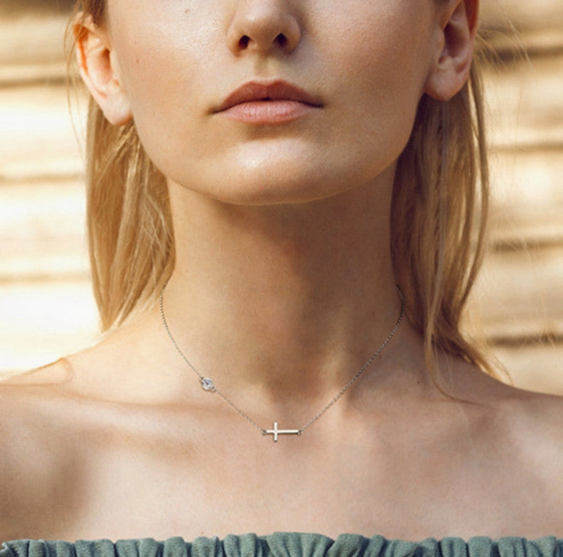 The “GG”, Moissanite Horizontal Cross Necklace in 925 Sterling Silver and Gold Filled