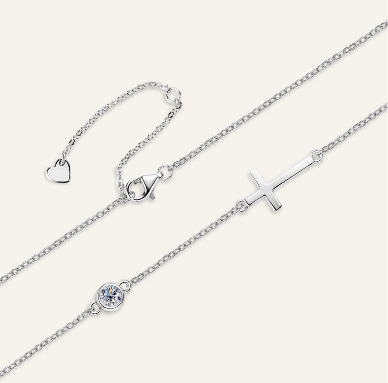 The “GG”, Moissanite Horizontal Cross Necklace in 925 Sterling Silver and Gold Filled