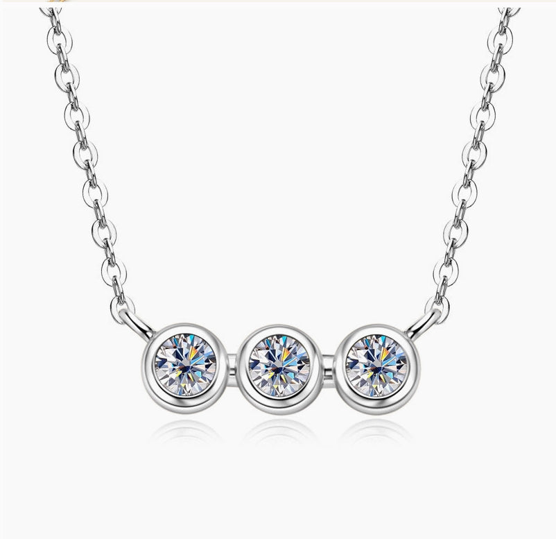The “Trio”, Three Stone Moissanite Charm Necklace in 925 Sterling Silver and gold filled
