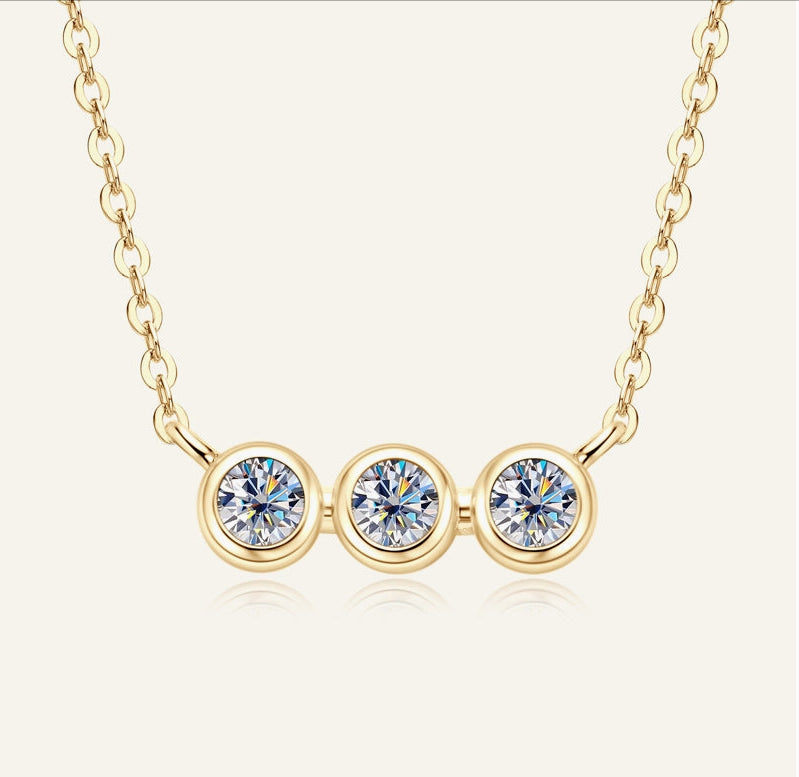 The “Trio”, Three Stone Moissanite Charm Necklace in 925 Sterling Silver and gold filled