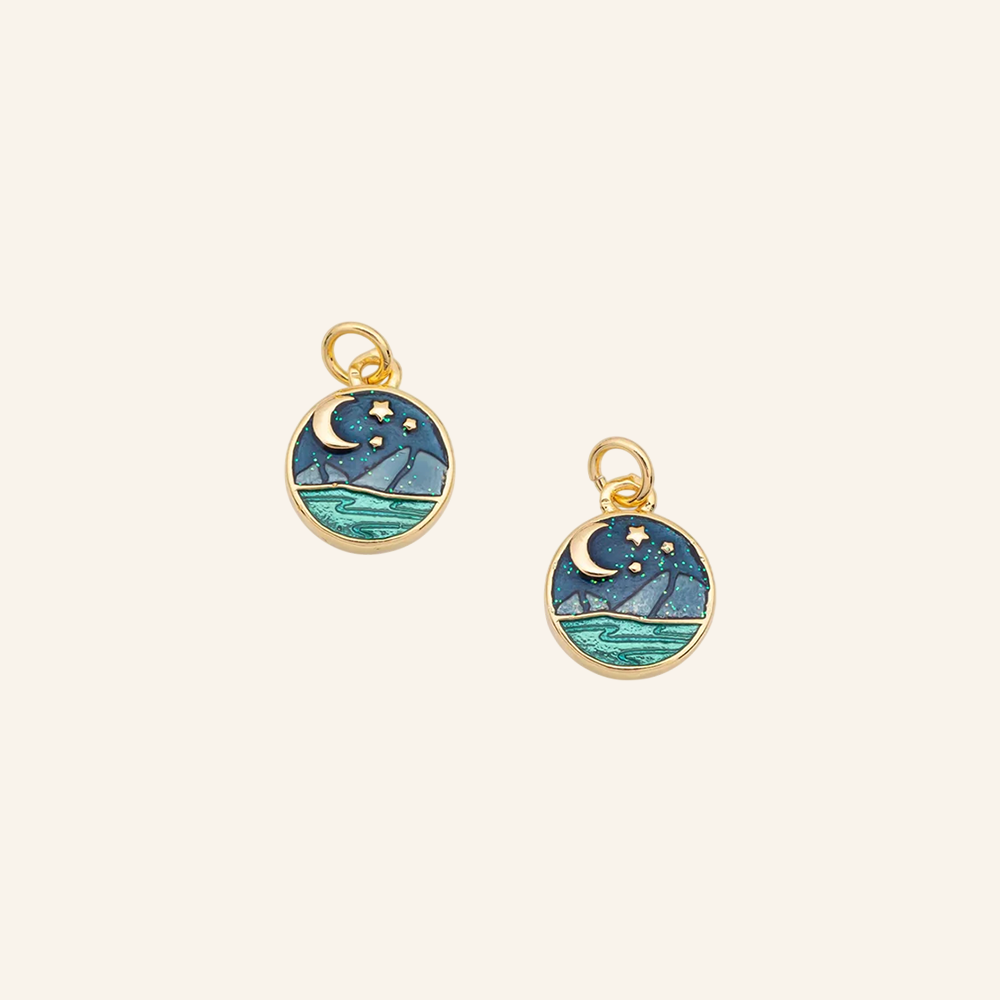 Ocean Night Sky Scene with Stars Moon Enamel Charm 18k Gold Filled